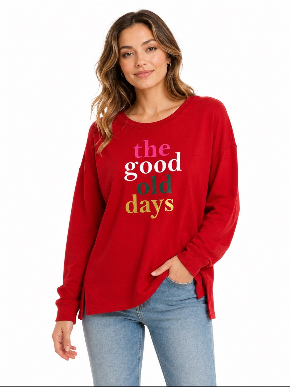 Crown & Ivy The Good Old Days Red Graphic Sweatshirt Top L NWT